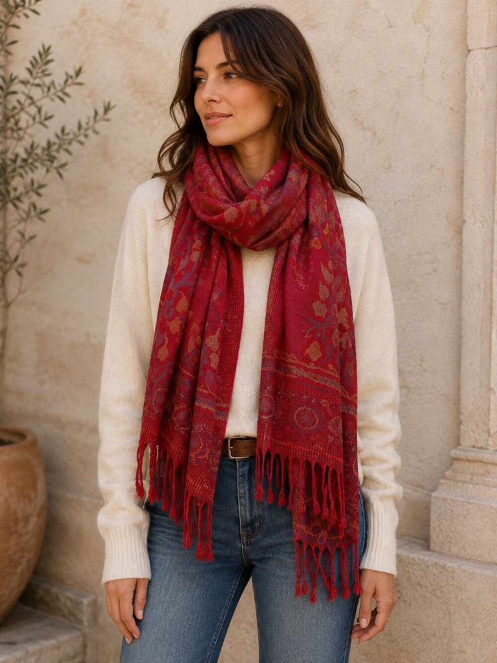 Womens Scarf Shawl Red Floral Paisley Fringe Tassel Boho Wrap Pashmina Style